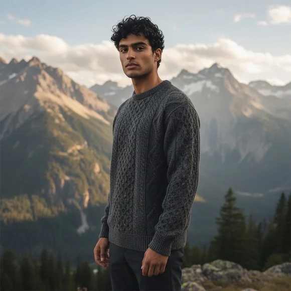 Men's Classic Cable Aran Irish Fisherman Knit Sweater - charcoal - Picture 2 of 7